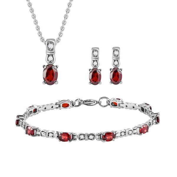 3er Set, rote Granat Ohrringe, Armband, Anh&auml;nger mit Kette, Edelstahl, ca. 7.28 ct