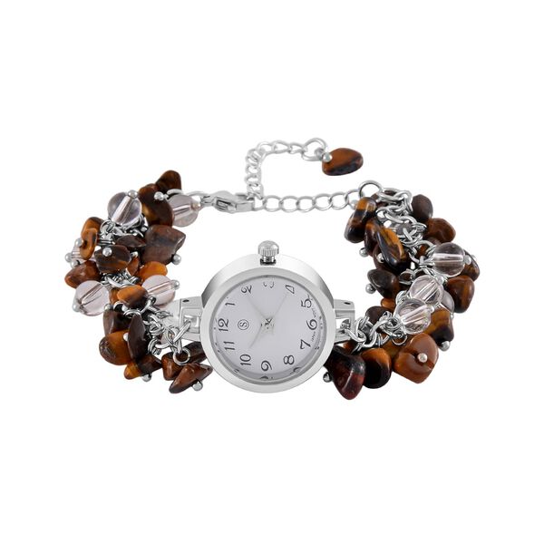 Strada Tigerauge-Perlenuhr, Japanisches Uhrwerk, Legierungsgeh&auml;use, Wei&szlig; mit schwarzen Ziffern image number 3