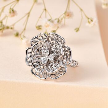Floraler Moissanit-Ring, 925 Silber rhodiniert - 0,33 ct.