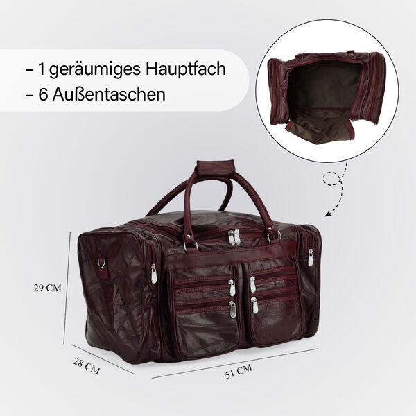 Patchwork-Reisetasche aus Schafleder mit 6 Au&szlig;entaschen und Schulterriemen, 51x29x28 cm, Burgund image number 4