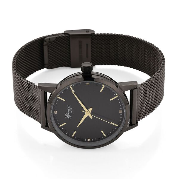 GENOA TIME - V2 Automatik Armbanduhr, Geh&auml;use 316 Edelstahl Sonnenschein Zifferblatt mit wei&szlig;em Diamant Edelstahl Mesharmband, schwarz image number 5