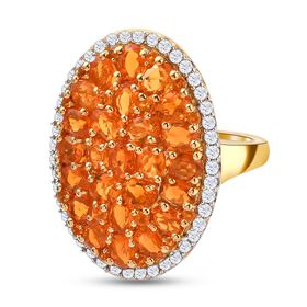 Salamanca Feueropal und weißer Zirkon-Ring, 925 Silber Gelbgold Vermeil  ca. 4,04 ct