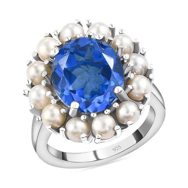 Ceylonfarbener Quarz und Süßwasserperlen-Ring, 925 Silber platiniert - 8,31 ct. image number 4