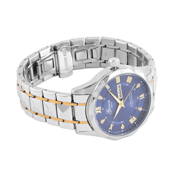 GENOA Kristall Quarzuhr, Blaues Zifferblatt, Edelstahlarmband, Bicolor image number 5
