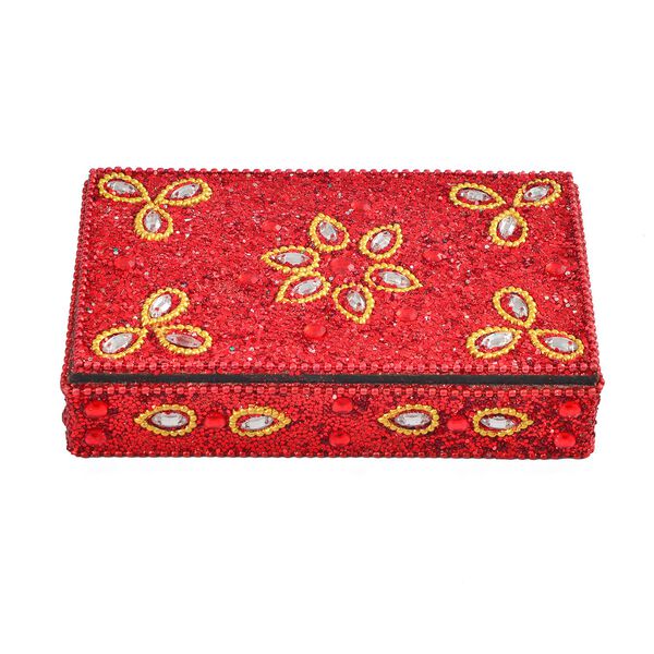 Perlenverziertes Schreibset 6 teilig, Tagebuch 10 x 15 cm, Aufbewahrungsbox, 5 Kugelschreiber, Rot image number 4