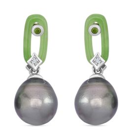 Tahiti Perle, Grüne Jade Ohrringe, 925 Silber rhodiniert