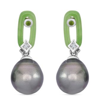 Tahiti Perle, Gr&uuml;ne Jade Ohrringe, 925 Silber rhodiniert