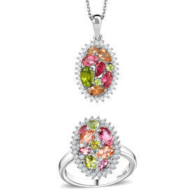 D'Joy AAA Multi-Calabar-Turmalin und Zirkon Ring und Anhänger mit 50 Kette