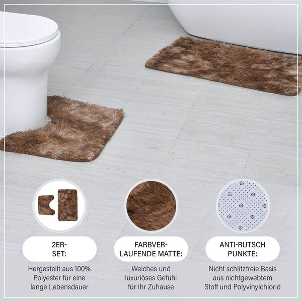2er Set - Verlauf-Pl&uuml;sch-Matten mit Anti-Rutsch-R&uuml;ckseite, Braun image number 1