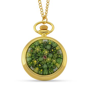 STRADA - Gr&uuml;nes Murano-Stil Glas, Taschenuhr,  PC21S Japanisches Uhrwerk, 91.4 cm Eisen Gelb