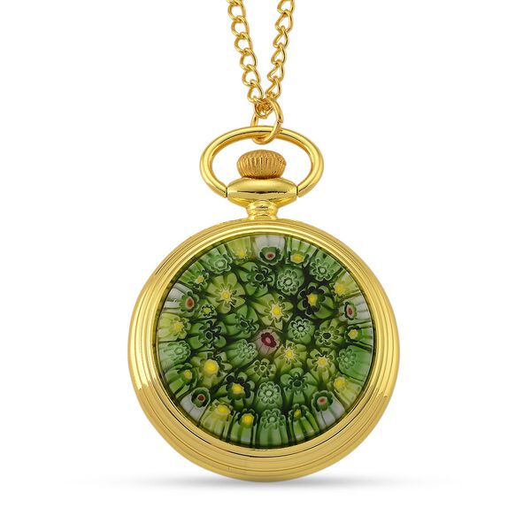 STRADA - Gr&uuml;nes Murano-Stil Glas, Taschenuhr,  PC21S Japanisches Uhrwerk, 91.4 cm Eisen Gelb