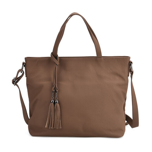Echtleder-Tote-Bag mit Reißverschlussfach hinten, Doppeltragegriff und Schulterriemen, 35x10x33 cm, Braun image number 0