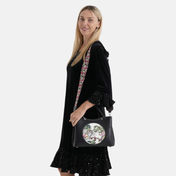 Florale Kunstprint Crossbody Tasche mit gemustertem Schulterriemen, 30x12x22cm, Schwarz image number 2
