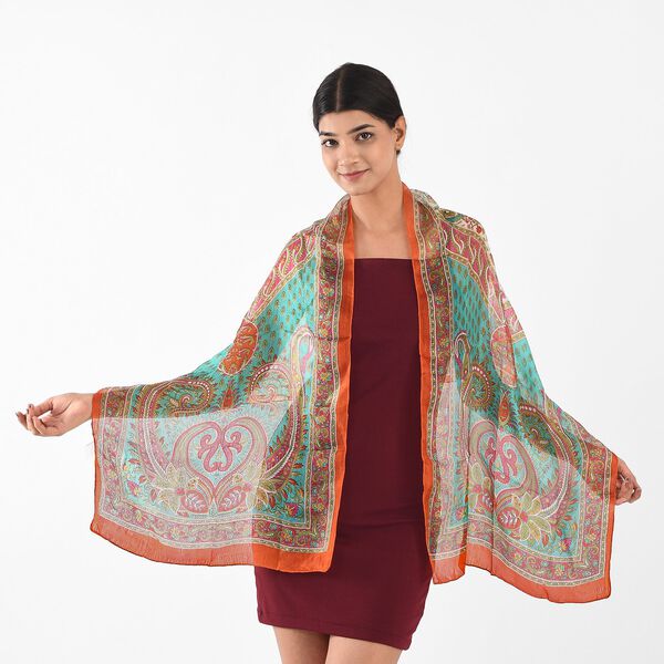 100% Satin-Seidenschal, bedruckt mit Kartenmuster, 50x160cm, Orange image number 2