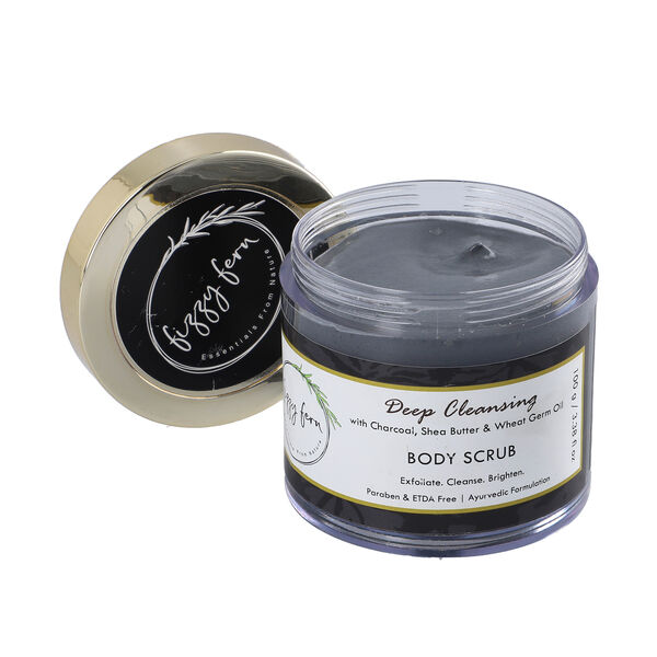 FIZZY FERN - Tiefenreinigendes K&ouml;rperpeeling mit Holzkohle, Shea Butter und Weizenkeim&ouml;l, 100g