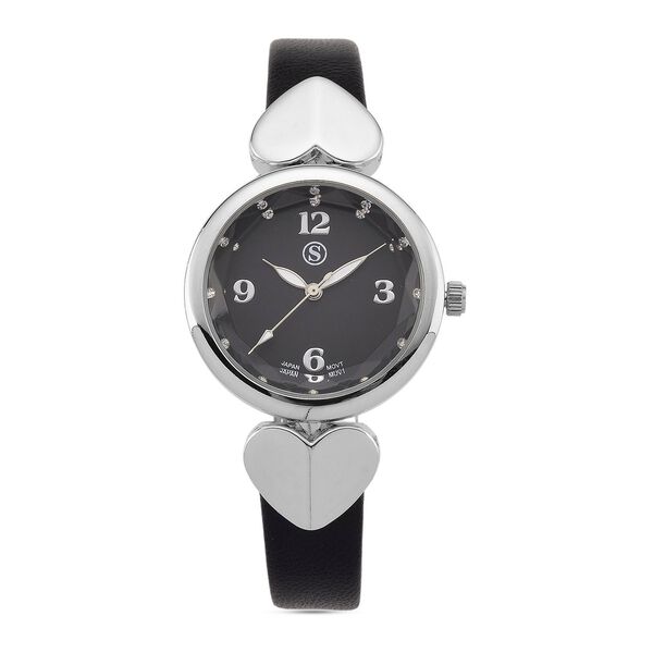 STRADA Uhr mit PC21S Japan-Uhrwerk, graues Zifferblatt, scwharzes Armband mit silberfarbenen Herz-Details