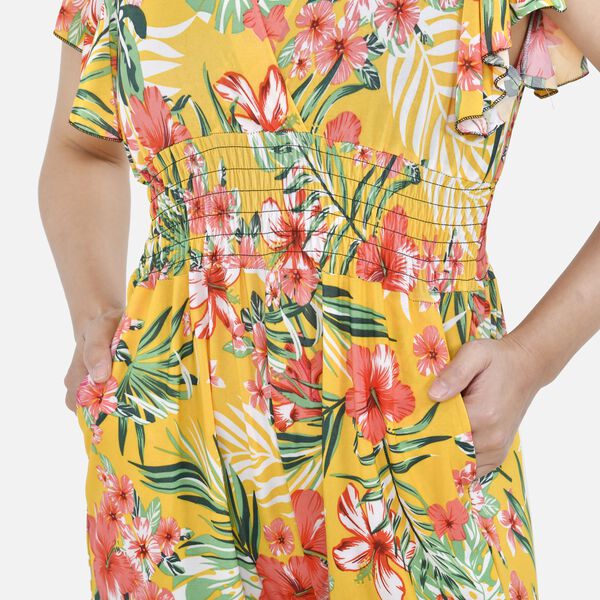 Jumpsuit mit gesmokter Taille und Flatterärmel, gelbes Blumenmuster image number 7
