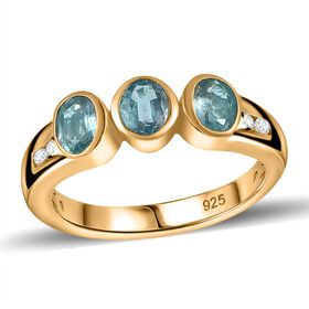 TUCSON FIND - Natürlicher AA Aqua Kyanit, Weißer Zirkon Ring 925 Silber Gelbgold Vermeil (Größe 19.00) ca. 1.44 ct