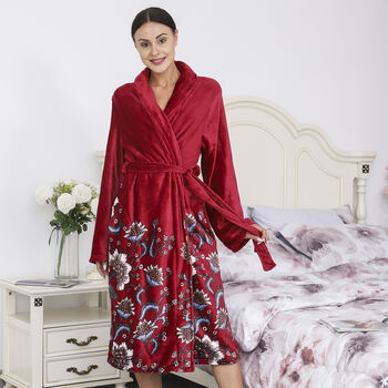 Bedruckter Flanell Bademantel mit G&uuml;rtel und Taschen, Rot