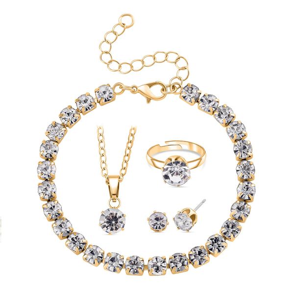 4er Set - Wei&szlig;er Kristall Schmuckset Nickelfreies Messing Goldfarben, Flexibles (Gr&ouml;&szlig;e 17.00-18.00)