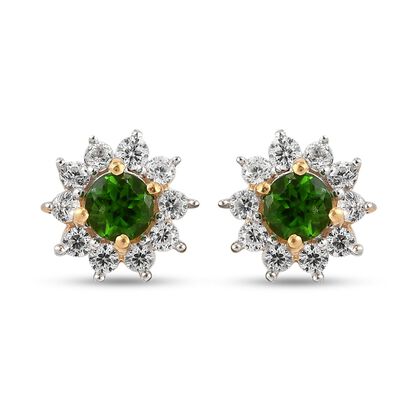 Nat&uuml;rlicher Chromdiopsid und Zirkon Ohrstecker 925 Silber vergoldet ca. 1,15 ct