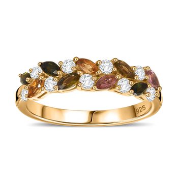 AA Mehrfarbiger-Turmalin, Wei&szlig;er Zirkon Ring, 925 Silber, 750 Gelbgold Vermeil (Gr&ouml;&szlig;e 21.00) ca. 1.38 ct