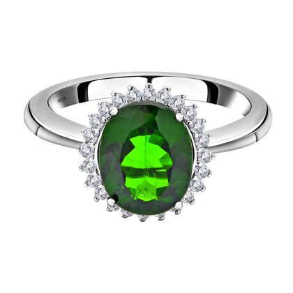 Nat&uuml;rlicher Chromdiopsid und wei&szlig;er Zirkon-Ring, 925 Silber rhodiniert (Gr&ouml;&szlig;e 16.00) ca. 3.05 ct