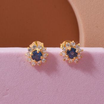 D'Joy AA Blauer Saphir, Wei&szlig;er Zirkon Ohrringe 925 Silber vergoldet ca. 1,30 ct.