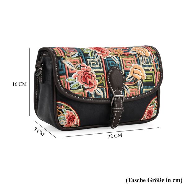 Bestickte Crossbody Tasche, Blumen Design, 22x8x16cm, Schwarz image number 8