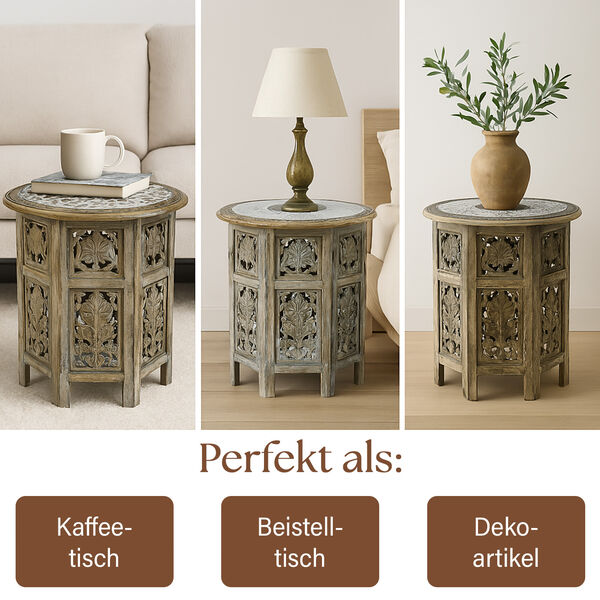 Handgefertigter Couchtisch aus Mangoholz mit Metallpr&auml;gung, Burn-Finish und kunstvoller Schnitzerei, 45x45x45cm, Wei&szlig; image number 5