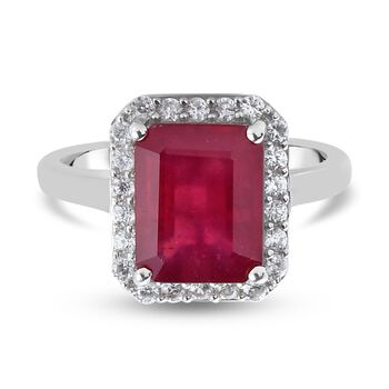 Rubin Afrikanisch und Zirkon Halo Ring 925 Silber platiniert (Gr&ouml;&szlig;e 17.00) ca. 4,61 ct