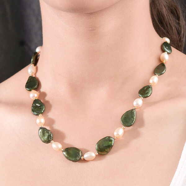 Gef&auml;rbte gr&uuml;ne Jade, Wei&szlig;e S&uuml;&szlig;wasser Perle Halskette ca. 45 cm Edelstahl vergoldet image number 2