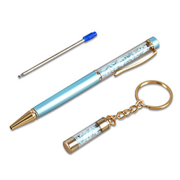 Kugelschreiber mit Larimar-Edelsteinf&uuml;llung, inkl. Nachf&uuml;llmine und Schl&uuml;sselanh&auml;nger, Blau