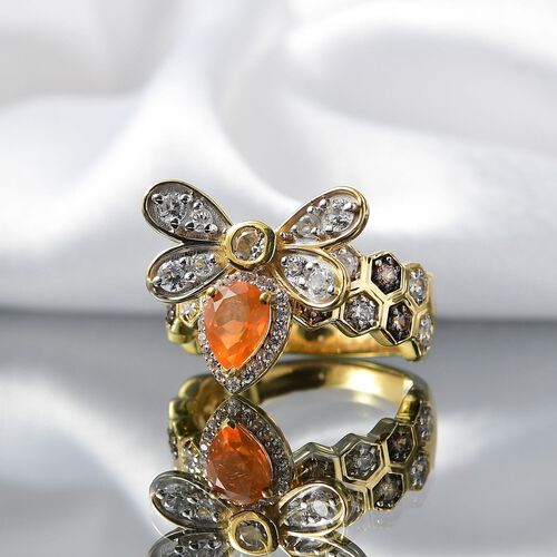 Giuseppe Perez AA Feueropal, Weißer Zirkon Ring 925 Silber 750 Gelbgold Vermeil (Größe 17.00) ca. 2.45 ct image number 1