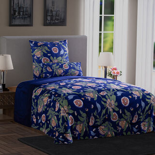 3er Set- Steppdecke und 2 Kissenbezüge mit Floralem Muster, blau