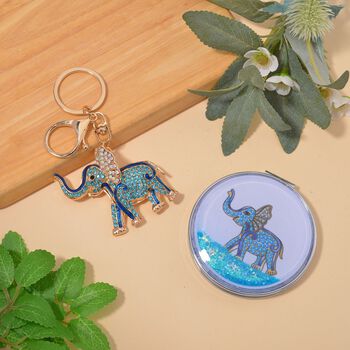 2er Set - Mehrfarbiger Kristall, Elefant-Set: Schl&uuml;sselanh&auml;nger und Spiegel, emailliert, goldfarben