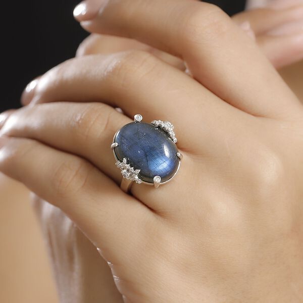 GP Kollektion - AAA Labradorit, Wei&szlig;er Zirkon Ring 925 Silber rhodiniert (Gr&ouml;&szlig;e 17.00) ca. 18,65 ct image number 3