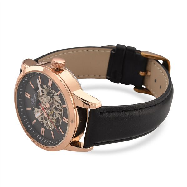 GENOA TIME V2 Automatikuhr mit mechanischem Automatikwerk, Zifferblatt Schwarz mit Sonnenschliff und offenem Design, Lederarmband Schwarz, 3 ATM wasserdicht image number 5