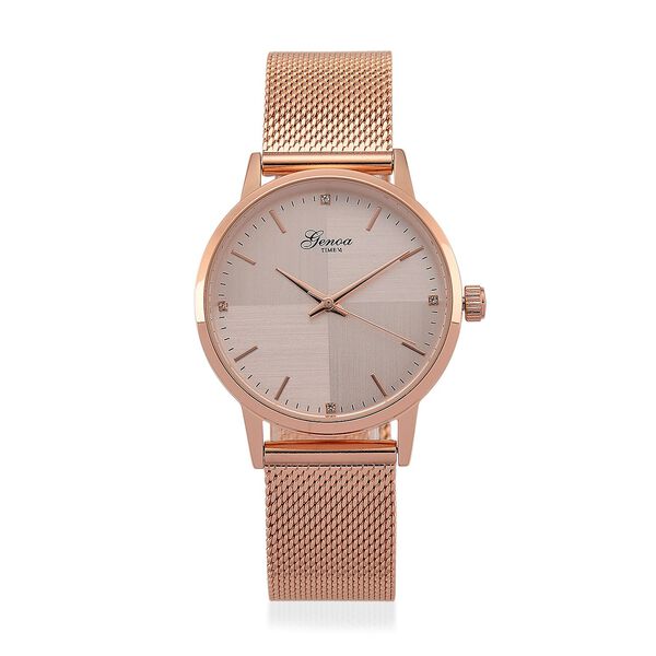 GENOA TIME - V2 Automatik Armbanduhr, Geh&auml;use 316 Edelstahl Sonnenschein Zifferblatt mit wei&szlig;em Diamant Edelstahl Mesharmband ros&eacute;goldfarben