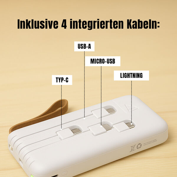 10.000 mAh Powerbank mit LED-Taschenlampe, 4 integrierten Kabeln, 14&times;6,8&times;2 cm, Wei&szlig; image number 10