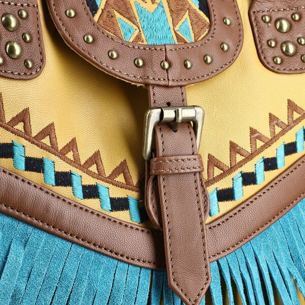 Handgefertigte Umhängetasche aus Echtleder mit Stickerei, Fransen und geometrischem Muster, Magnetverschluss, 28x24x18cm, Gelb-Braun image number 6