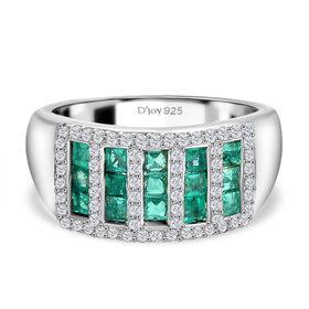 Regal Rows - D joy Kagem Sambischer Smaragd, Weißer Zirkon Ring 925 Silber rhodiniert (Größe 20.00) ca. 1.39 ct
