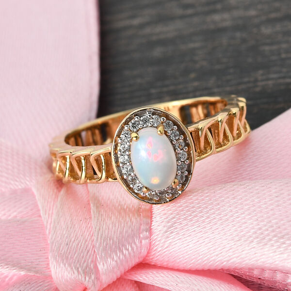 Nat&uuml;rlicher &Auml;thiopischer Opal und Zirkon Ring 925 Silber vergoldet  ca. 0,45 ct image number 2