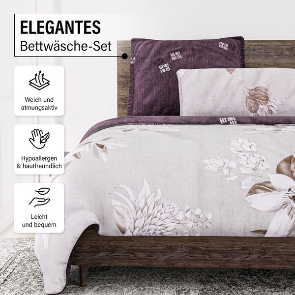 6-tlg. Bettw&auml;sche-Garnitur mit doppelseitigem Druck, Blumenmuster, beige image number 2
