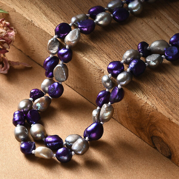 Dunkelblaue und graue gefärbte Süßwasserperle Halskette, 147 cm image number 2