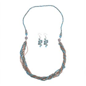 2er Set mehrschichtiger Halsketten und Ohrringe, Blaue, braune und champagnerfarbene Kristallperlen und weiße Kristalle