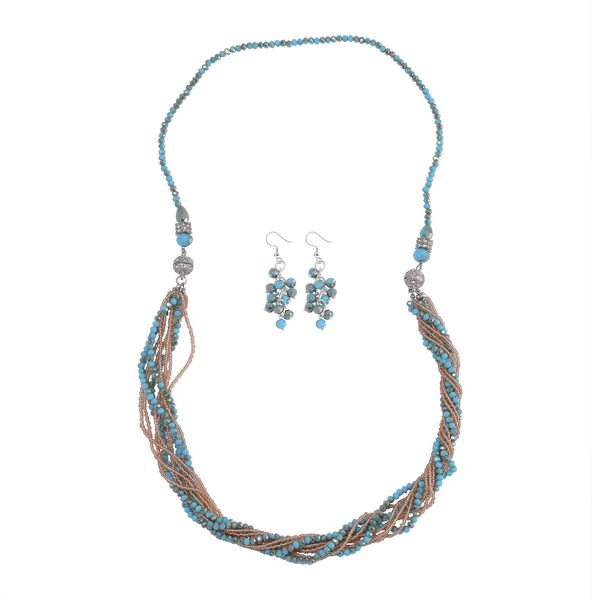 2er Set - Blau und Braun Kristall, Wei&szlig;er Kristall Halskette und Ohrringe