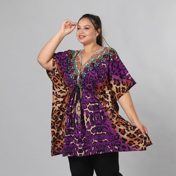 V-Ausschnitt bedruckter Kaftan, Einheitsgr&ouml;&szlig;e Lila image number 4