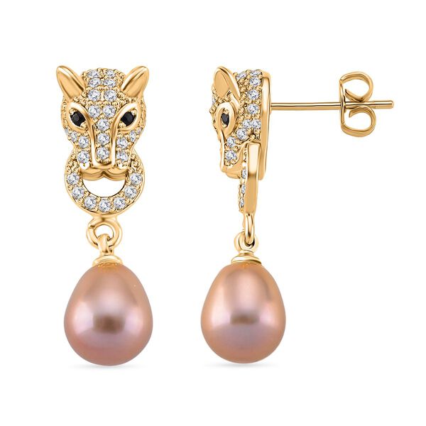 Lila Süßwasser Perle, Zirkonia Ohrringe, Nickelfreies Messing goldfarben image number 0