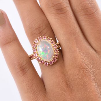 D'Joy AAA Nat&uuml;rlicher, &auml;thiopischer Welo Opal, Rosa Turmalin Ring 925 Silber 750 Gelbgold Vermeil (Gr&ouml;&szlig;e 18.00) ca. 5.54 ct